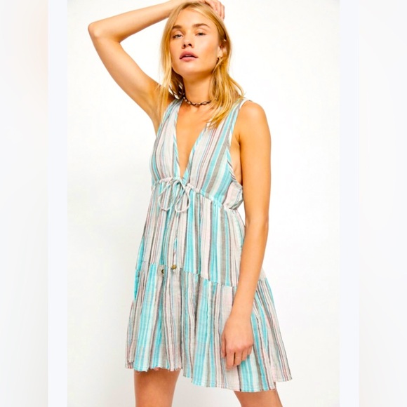 Free People Multicolor Striped Tiered Dress; Size Medium - Picture 1 of 9